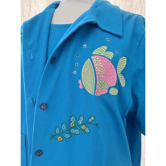 Davina Women's Artsy Size 1X blue maxi dress & jacket embroidered fish casual - Picture 8 of 15